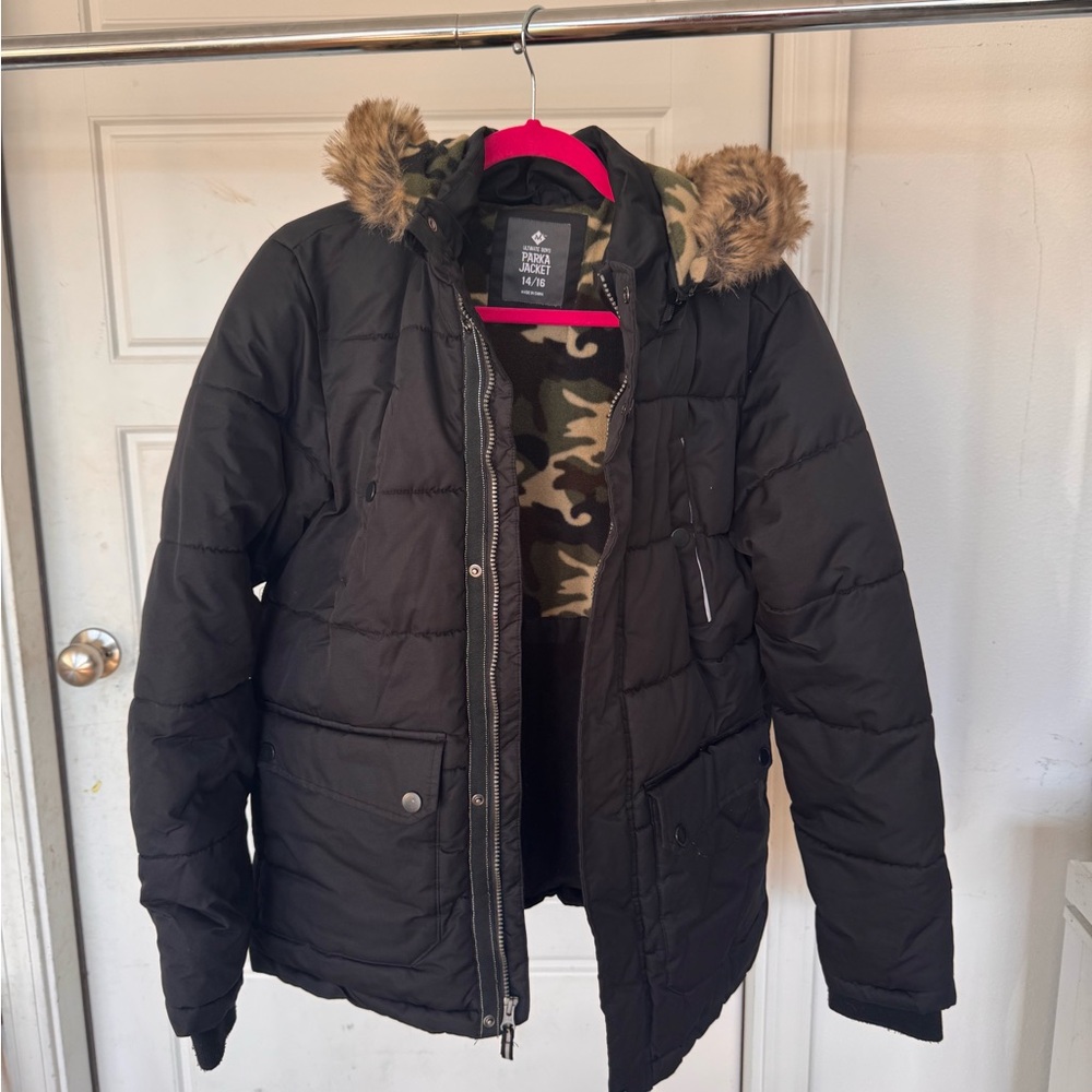 Black Kids Puffer Jacket with Faux Fur Hood